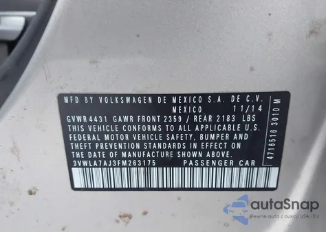 2015 Volkswagen Jetta 2.0L Tdi S from USA, damaged, VIN 3VWLA7AJ3FM263175